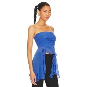 Free People Naeva Strapless Ruffle Boho Festival Top Blue Asymmetrical Womens L